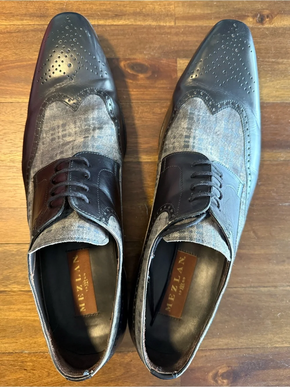 Mezlan Men's Spectator Oxfords Size 15 M Black Grey Wingtip Plaid Fabric 16072-1